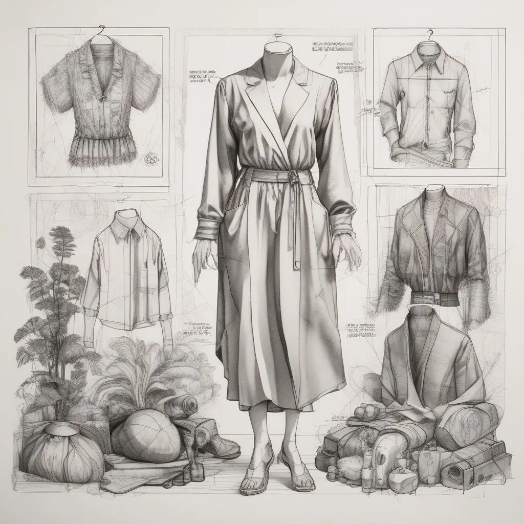 Image of sustainable materials and fashion sketches