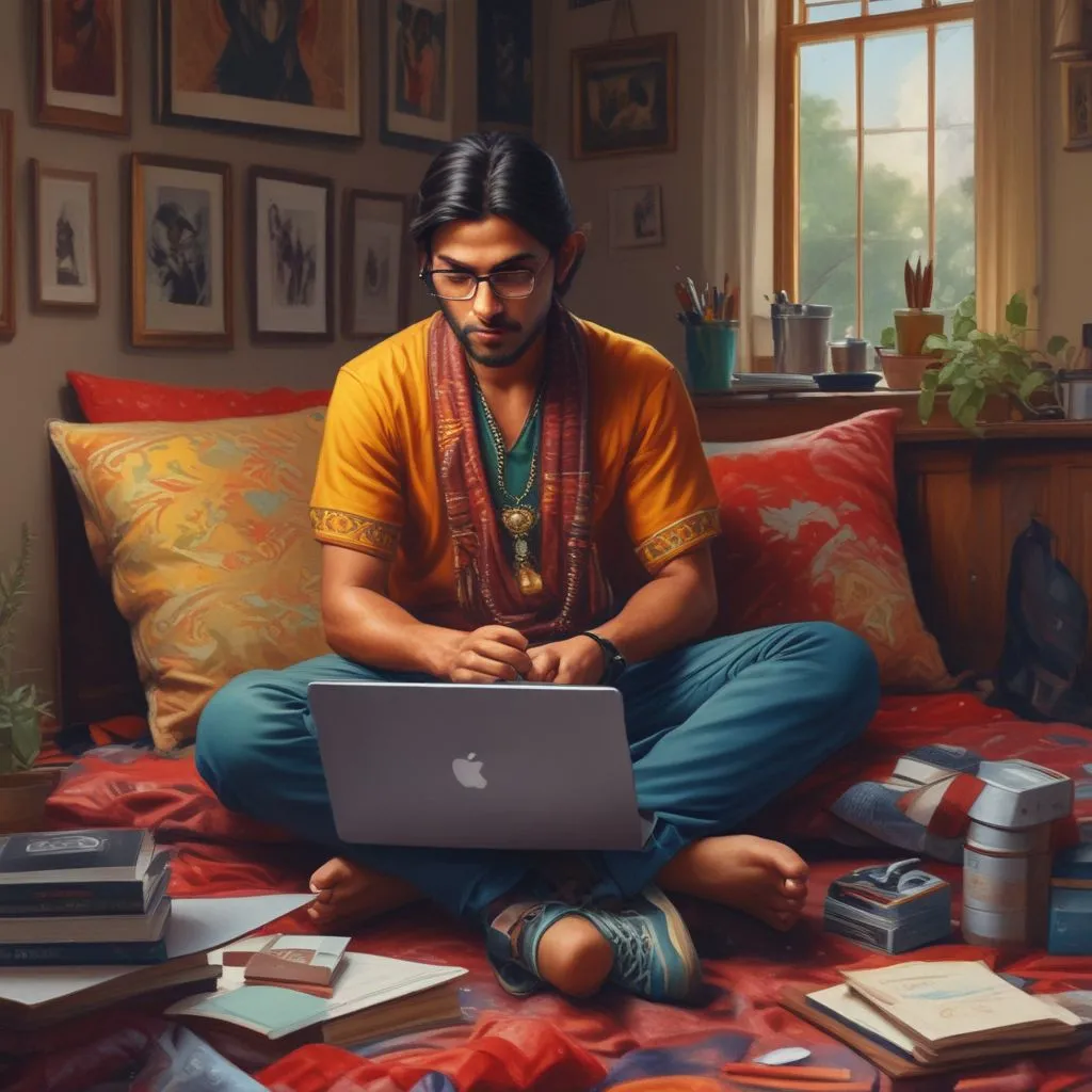 an Indian graduate working on a laptop at home