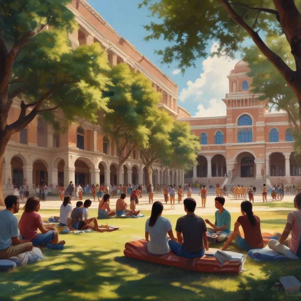 Indian college campus with students studying