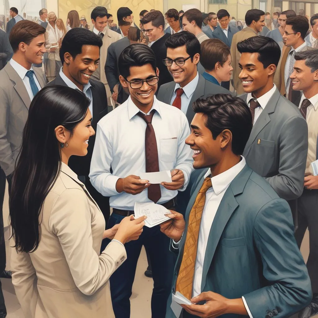 Indian college students networking with company recruiters at a campus job fair, exchanging business cards, friendly and professional