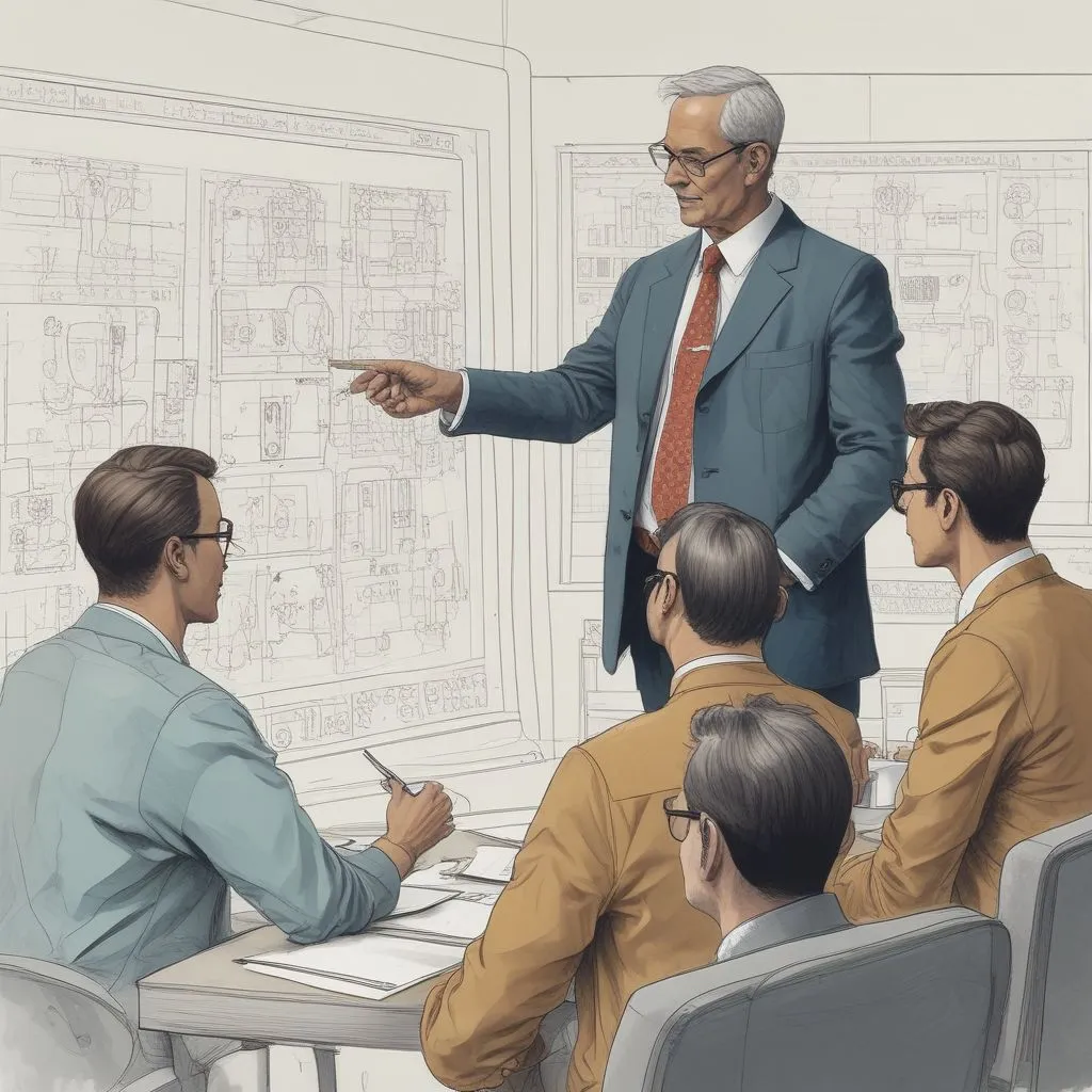 Indian engineer explaining a circuit diagram to a panel of interviewers in a formal setting, whiteboard with schematics