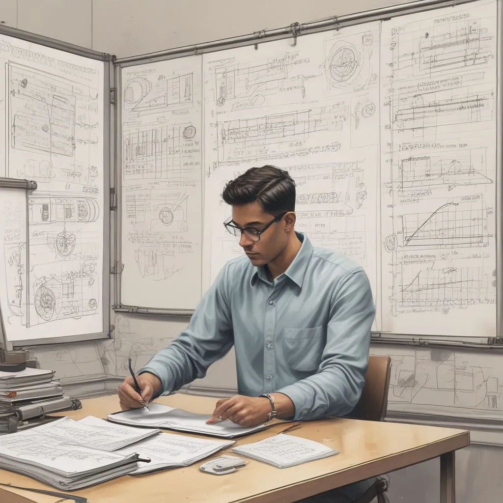 Indian engineering student solving GATE numerical problems on a whiteboard with formulas and diagrams, books on desk