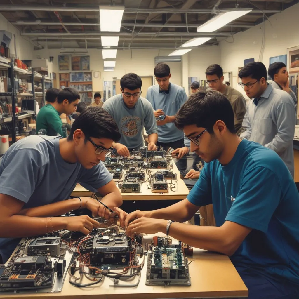 Indian engineering students working on a robotics project in a college lab, with tools and circuit boards, focused and collaborative