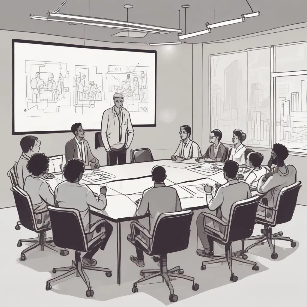 Indian graduate confidently presenting to a diverse team in a modern meeting room, with icons for communication, teamwork, and problem-solving highlighted