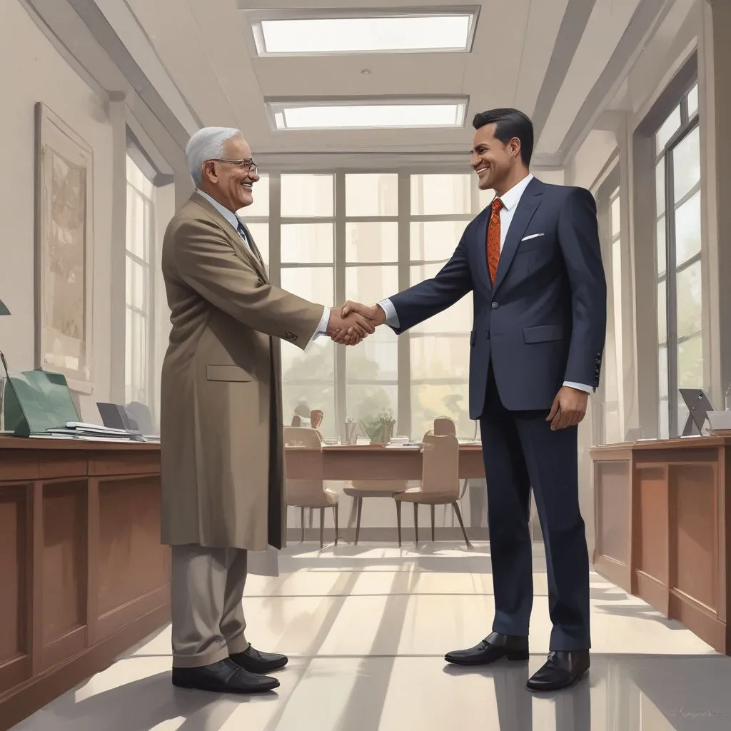 Indian graduate in a suit shaking hands with a senior officer at a PSU office, confident smile, professional environment