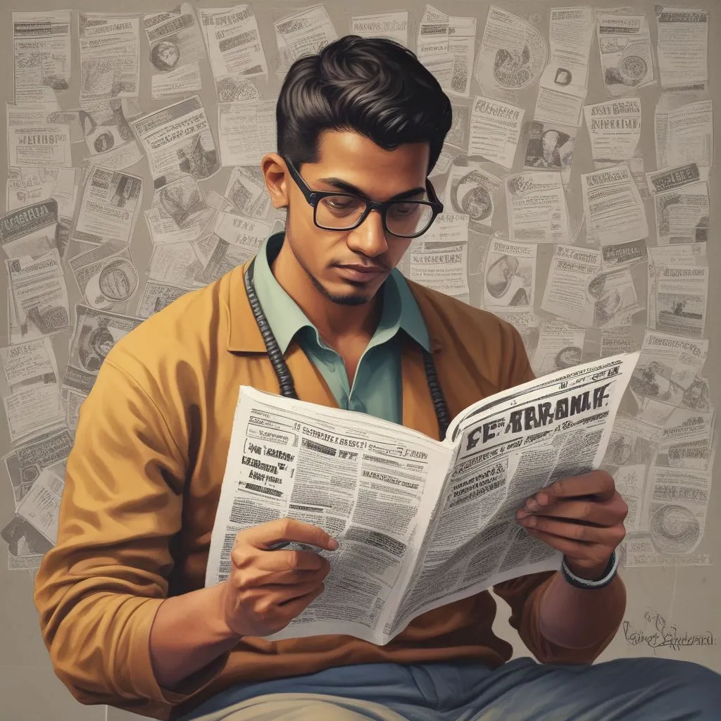 Indian graduate reading a newspaper and a mobile app showing current affairs quiz, PSU logo in background