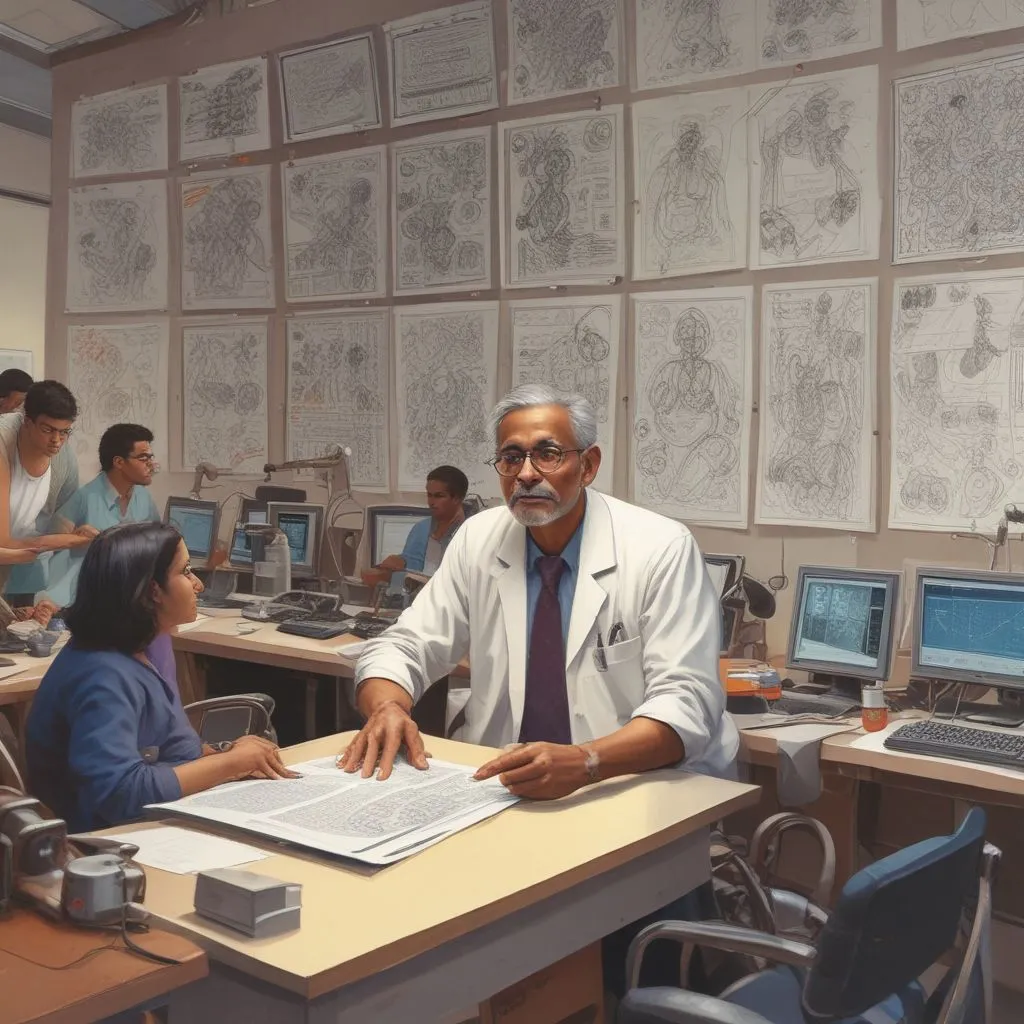 Indian professor guiding students in a research lab with AI models and papers on the wall