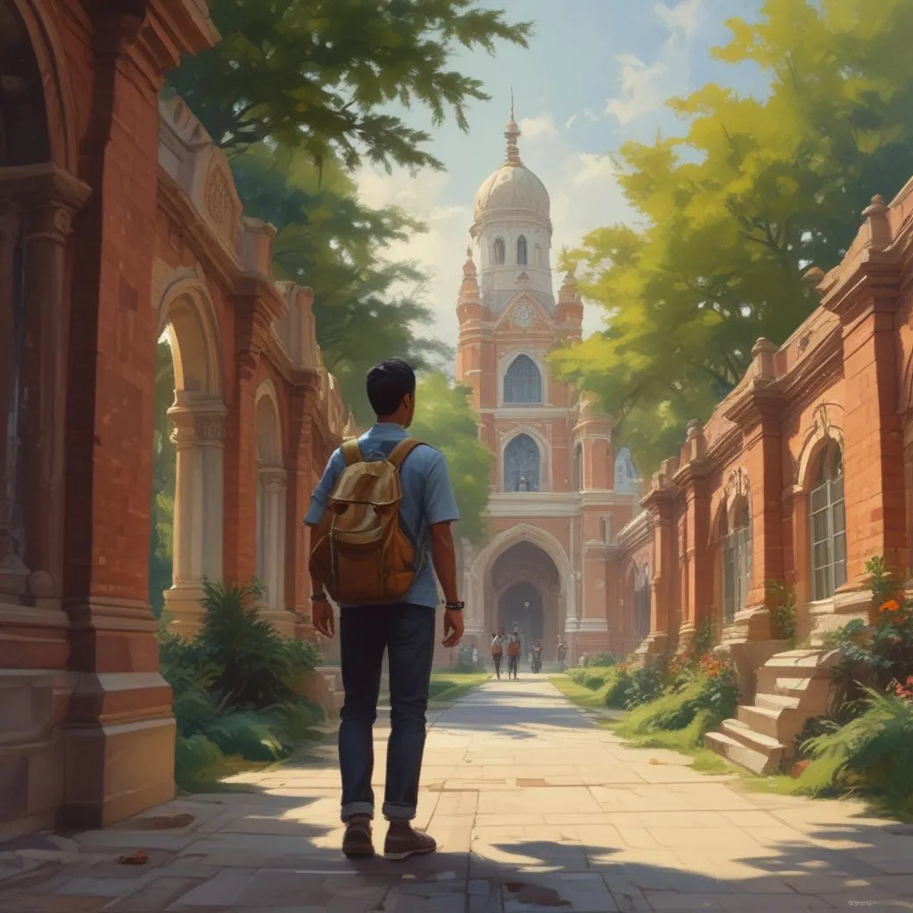 Indian student exploring foreign university campus