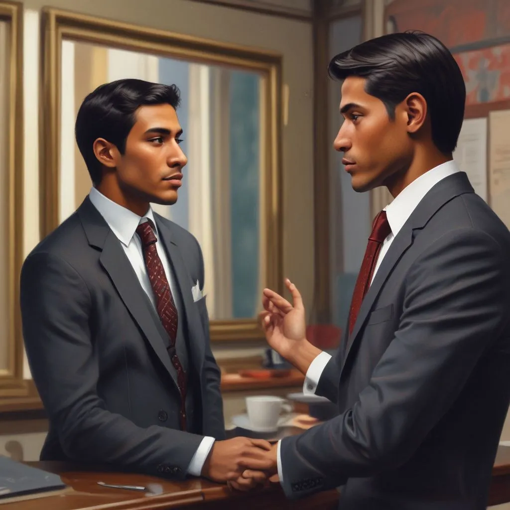 Indian student practicing a mock interview in front of a mirror, wearing formal attire with a tie, confident posture, realistic setting