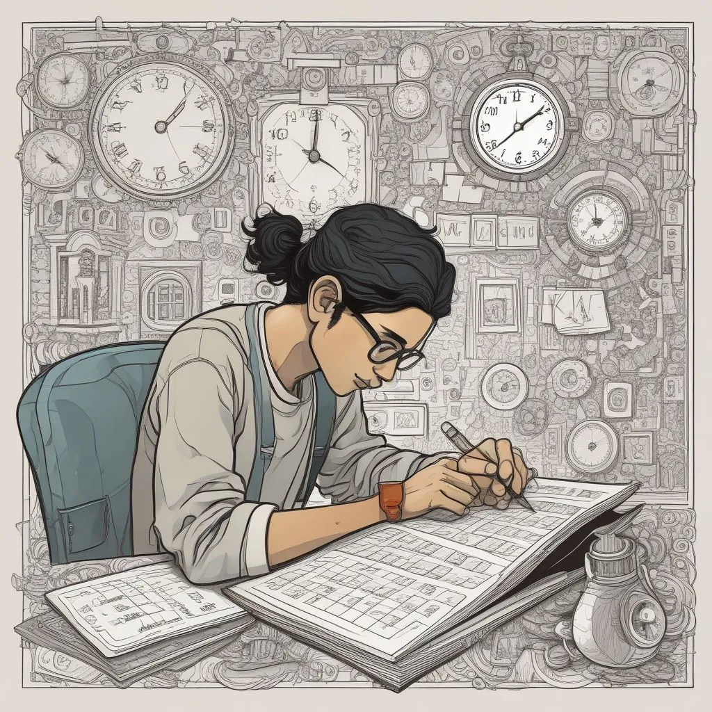 Indian student solving a complex arithmetic problem on a notebook with a calculator and clock, logic puzzle pieces