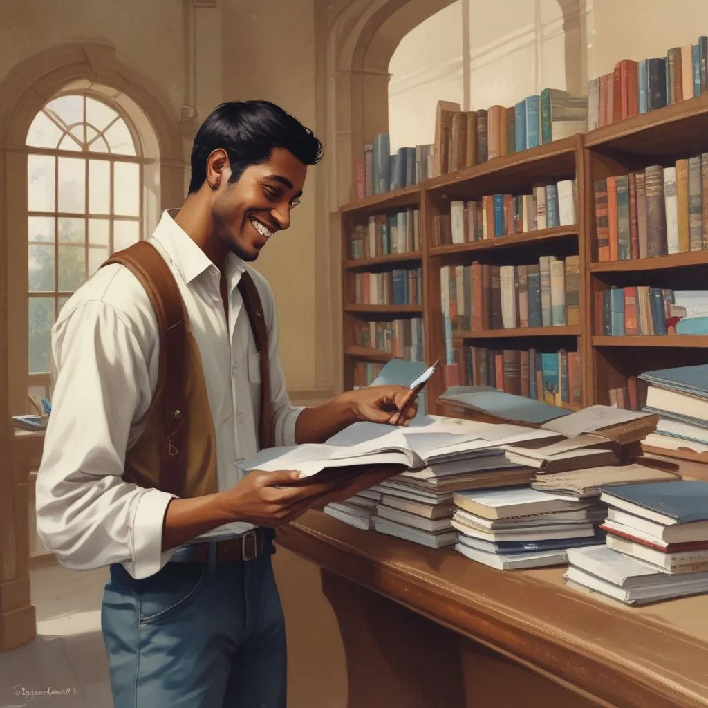 Indian student working at a university library front desk, checking books and smiling at a fellow student