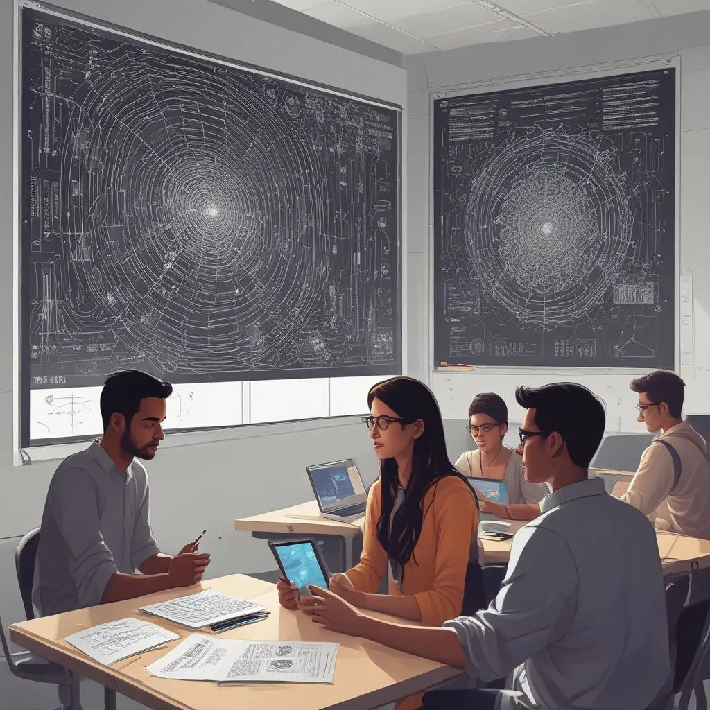 Indian students analyzing AI algorithms on a large screen in a modern classroom, infographics of neural networks
