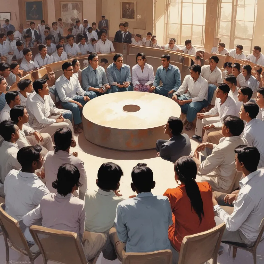 Indian students in a formal group discussion circle, one person speaking confidently, others listening, corporate setting, India 2026