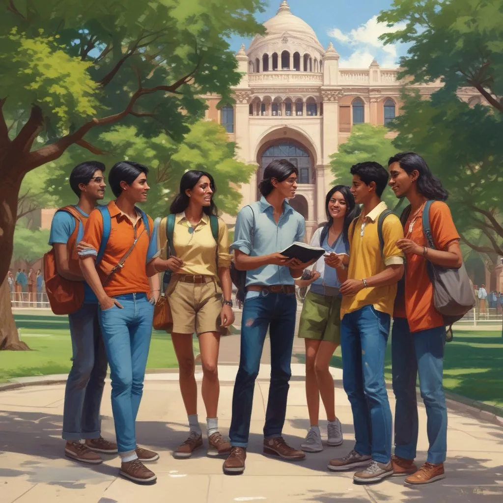 Indian students interacting on a university campus, diverse cultural exchange
