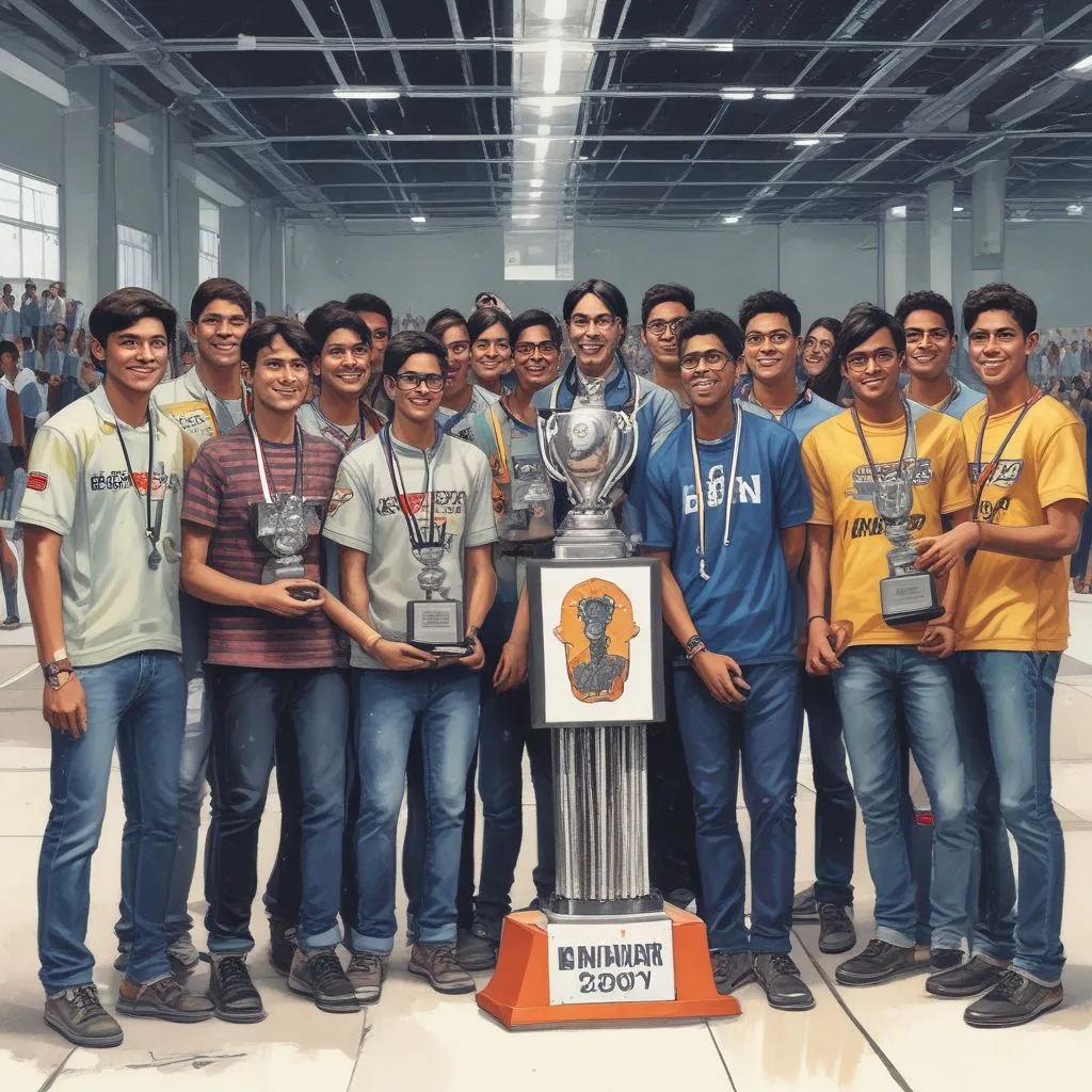 Indian students winning a robotics competition like Robocon or ABU Robocon with trophy and team photo