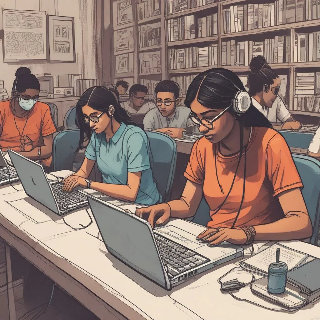 Indian students working on laptops during virtual internships