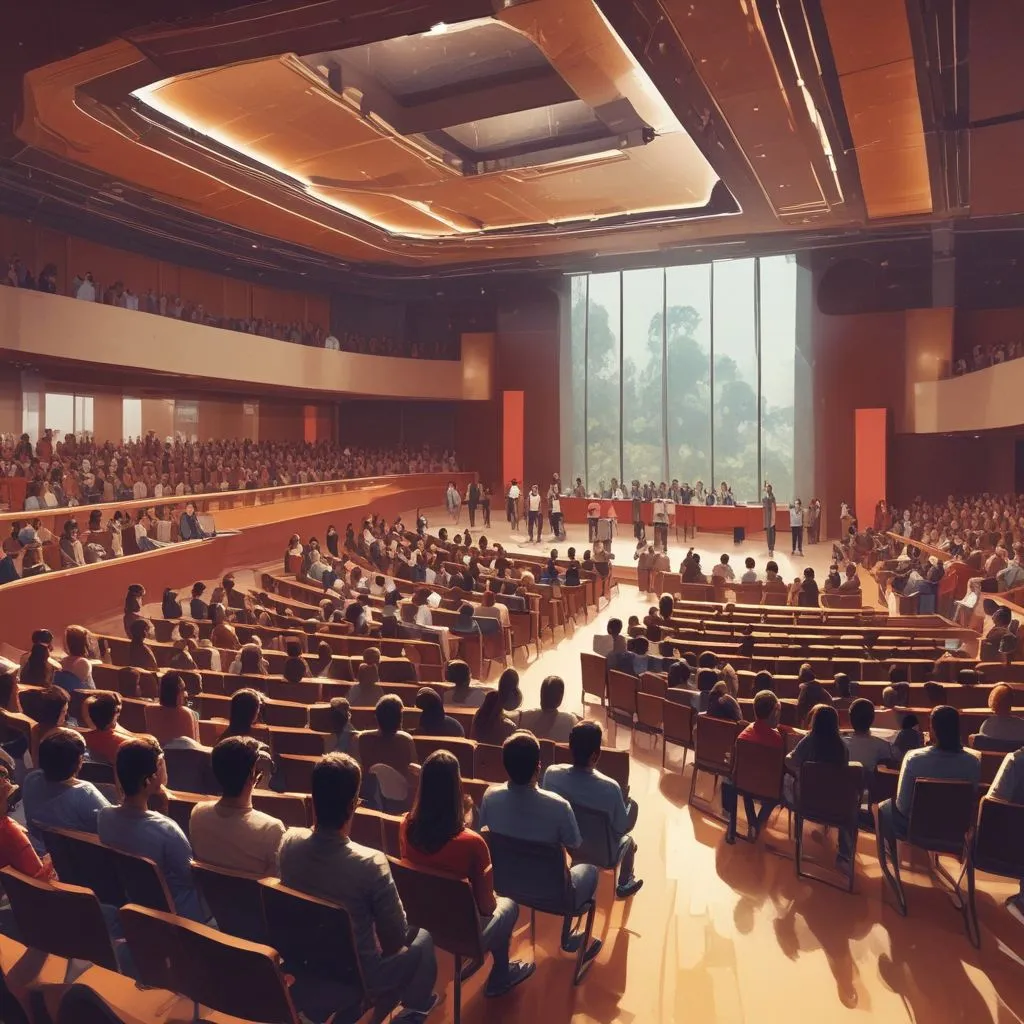 Indian university campus with students attending a workshop or seminar in a modern auditorium