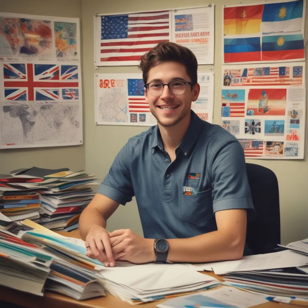 International student advisor sitting at a desk with a friendly smile, brochures and flags in background