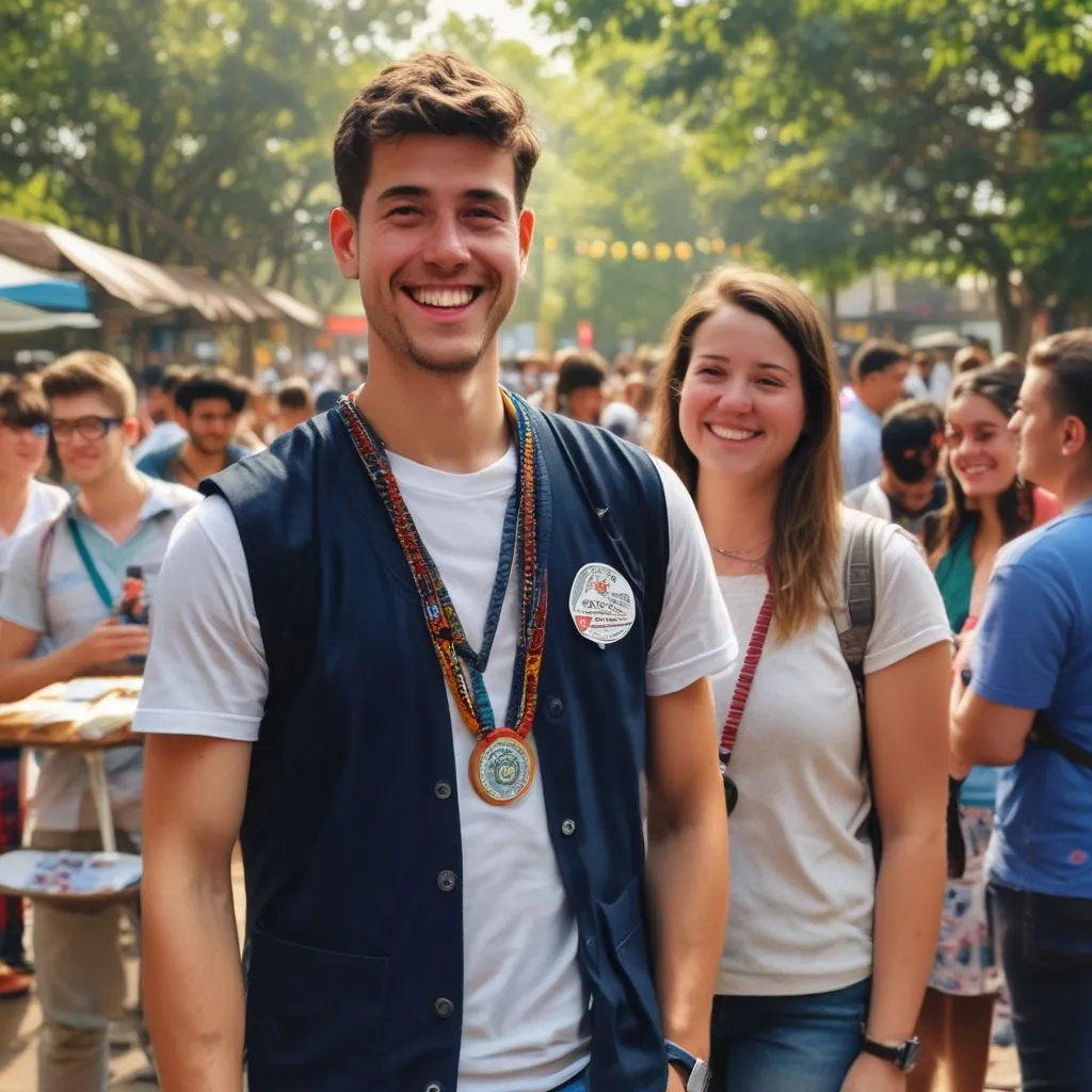 International student volunteering at a community event in India, wearing a volunteer badge and helping with registration
