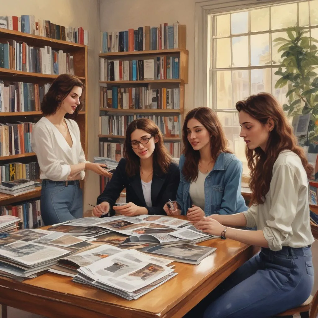 International students chatting in a fashion library, multilingual fashion magazines on a table