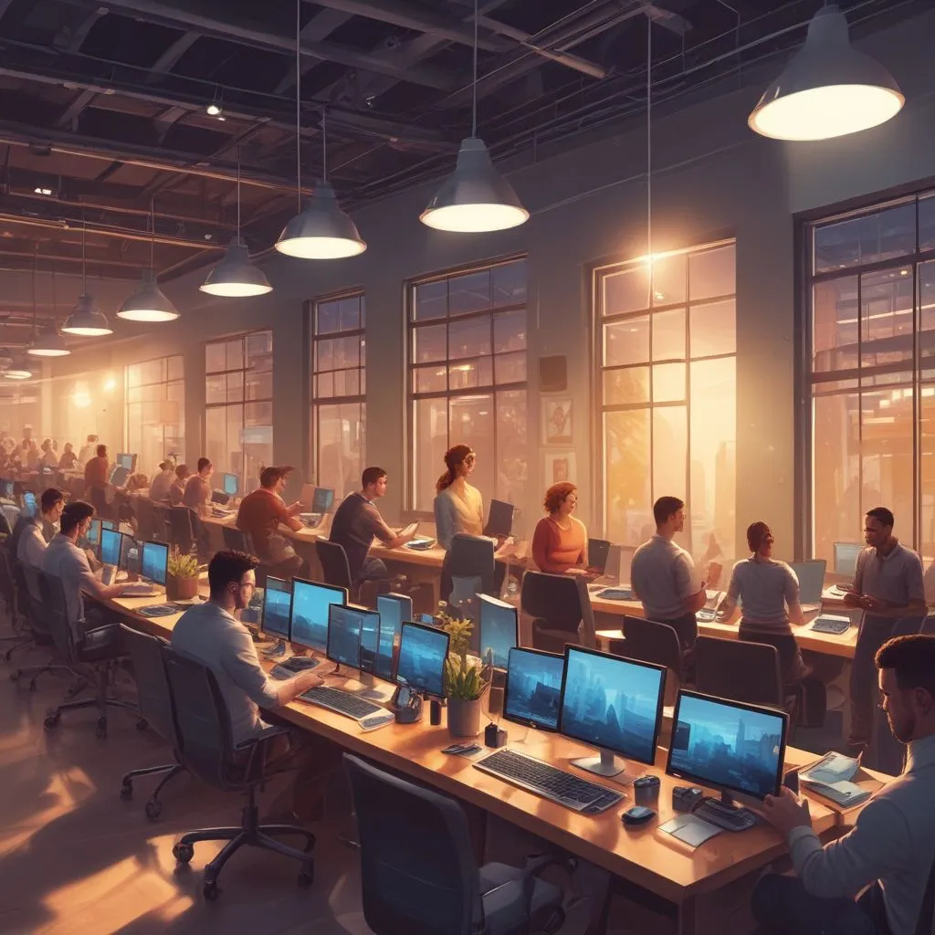 Modern tech workplace with diverse employees