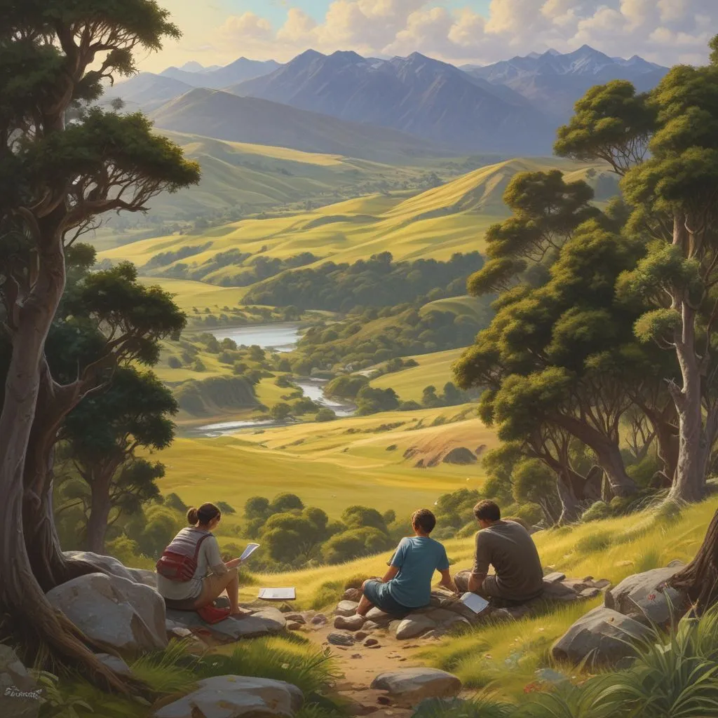 New Zealand landscape with students studying