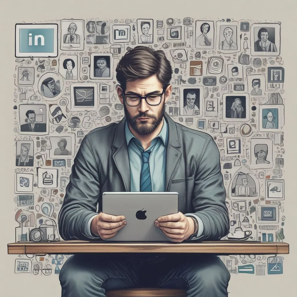 Person using a smartphone or laptop with LinkedIn profile visible, surrounded by professional icons