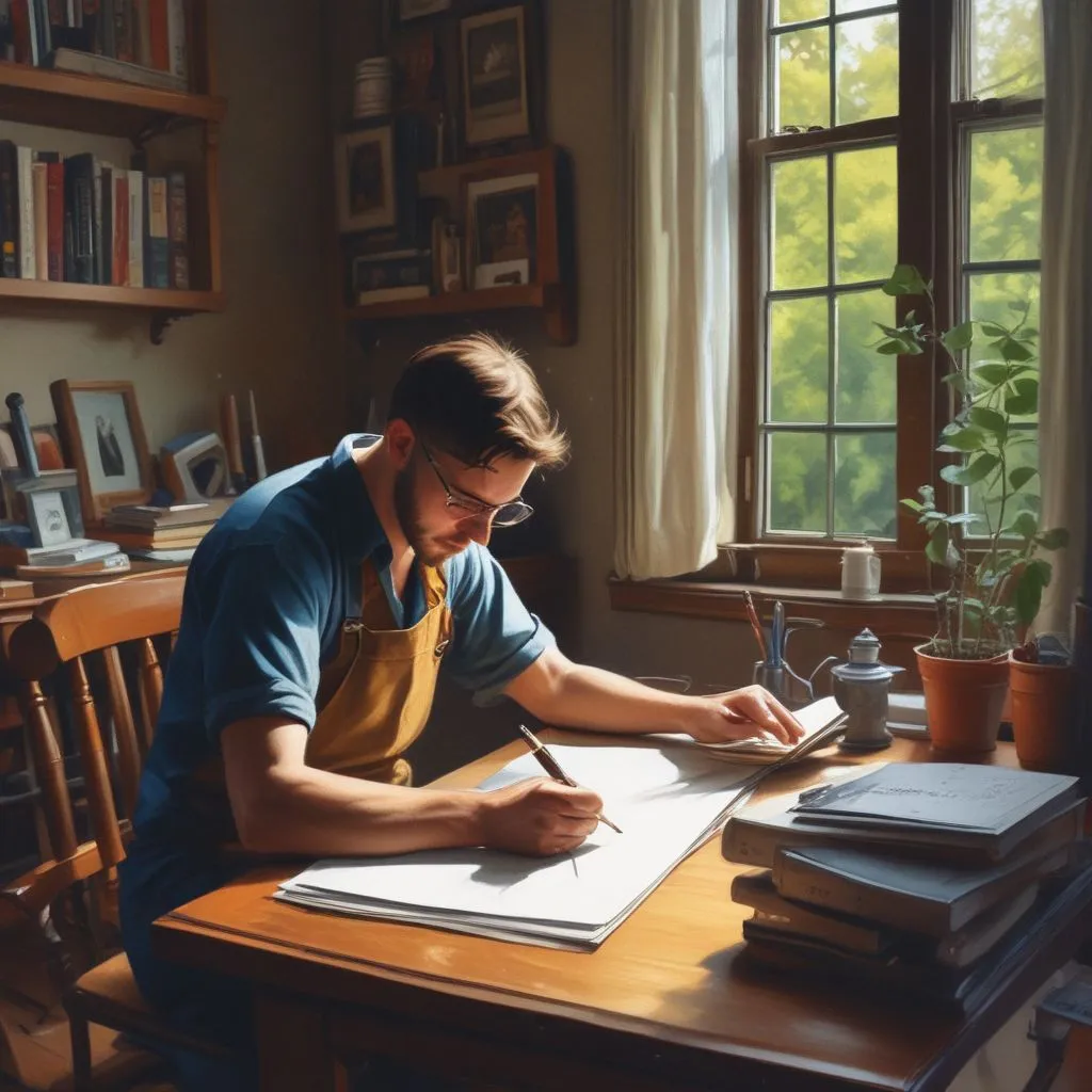 person working diligently at home