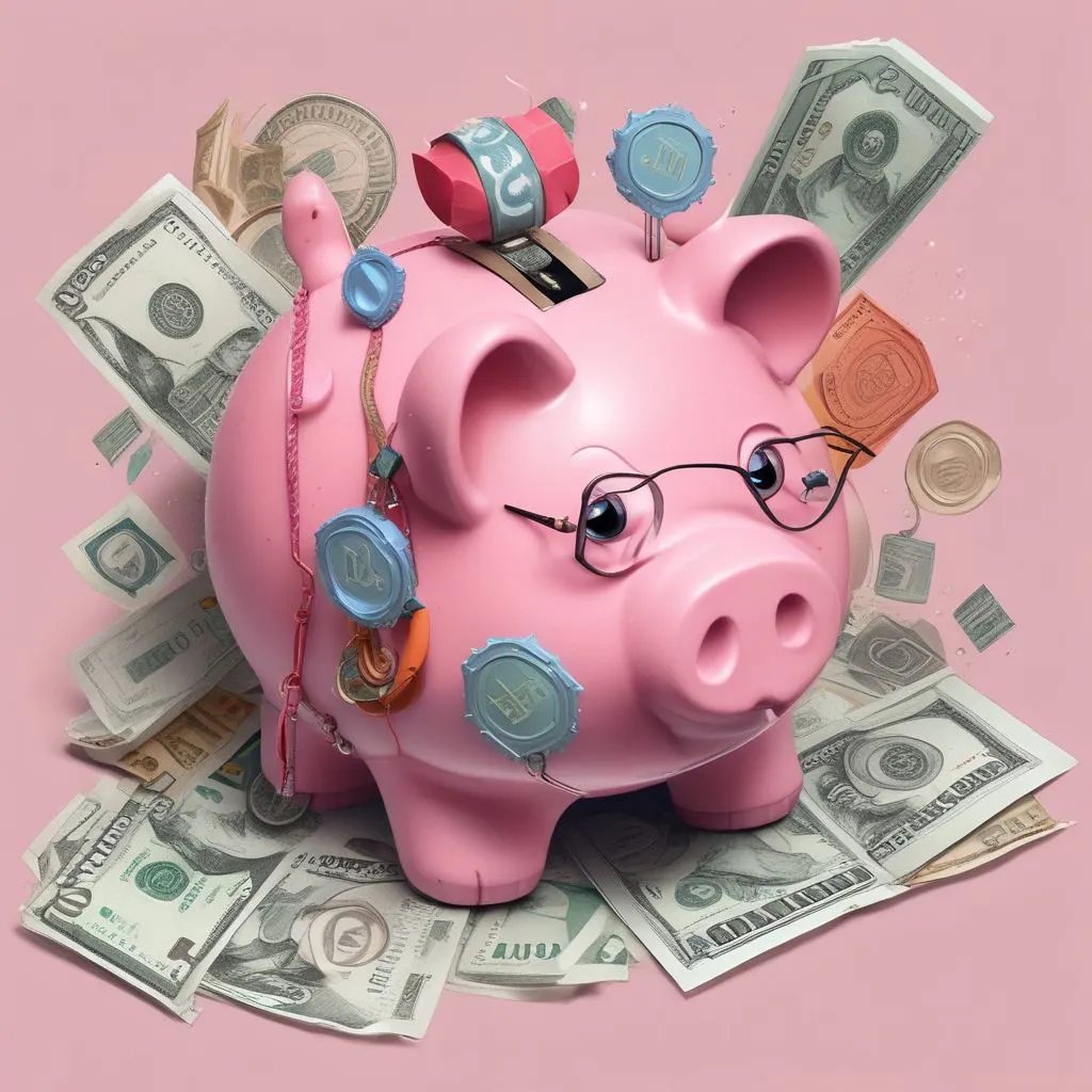 Piggy bank with fashion accessories, world currencies, scholarship application form with a checkmark