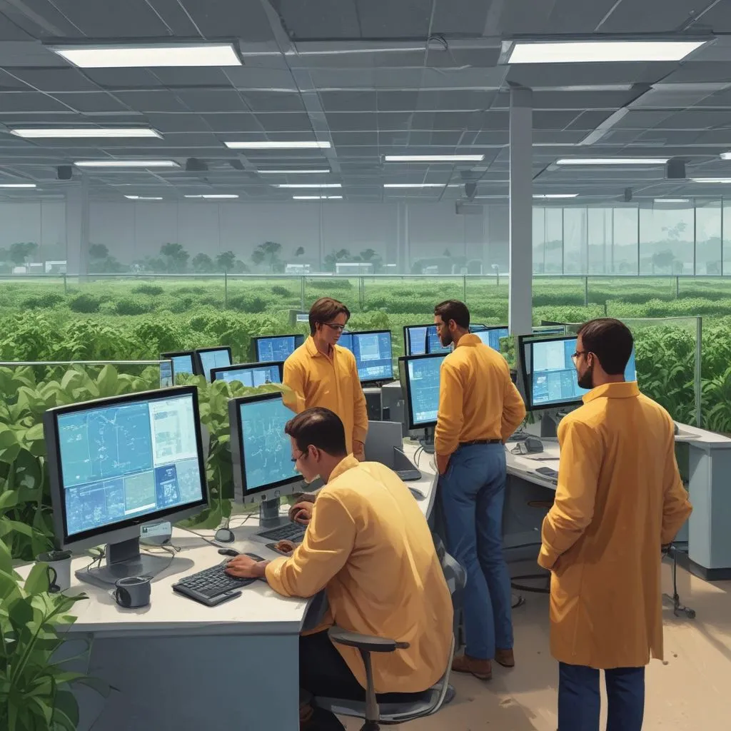 Research lab with scientists analyzing crop data on multiple monitors, precision agriculture research centre India 2025