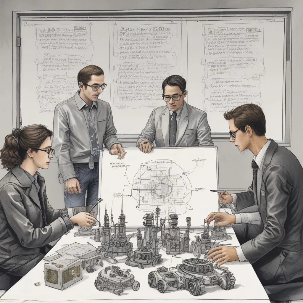 Robotics professors mentoring students in a research lab with whiteboard filled with equations and robot prototypes