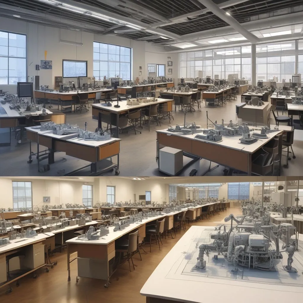 Side-by-side comparison of a B.Tech engineering lab with robotics and a B.Arch design studio with blueprints and scale models