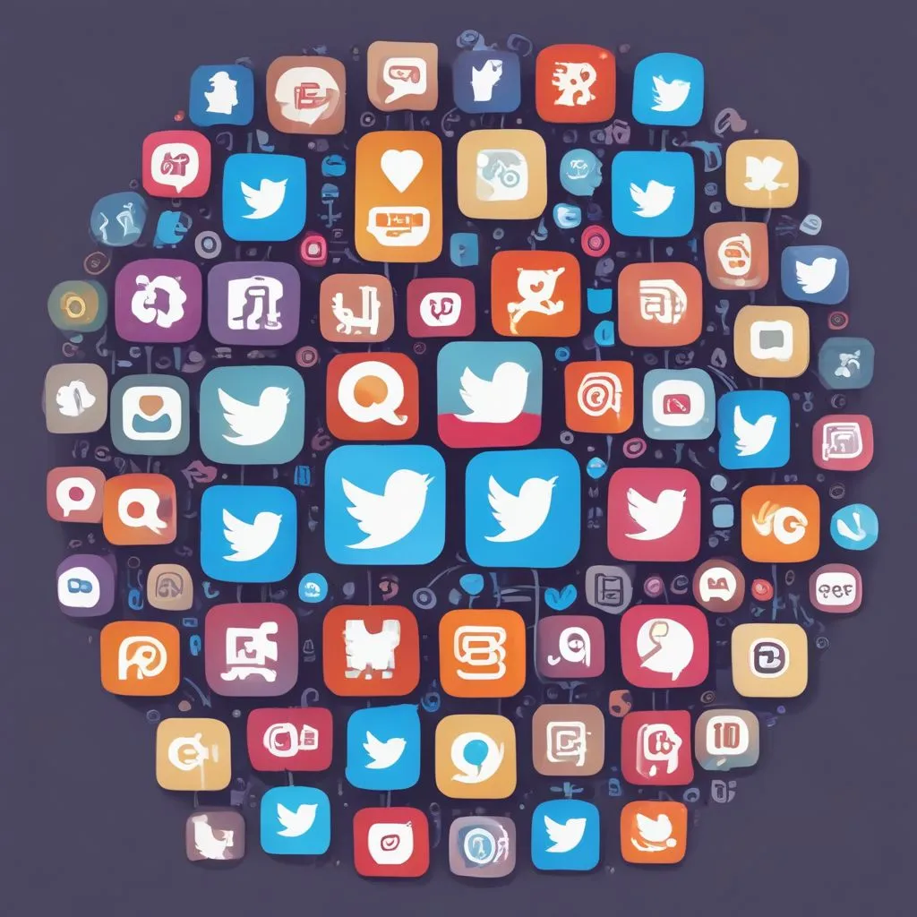 Social media icons like Twitter, Instagram, and Facebook with a focus on professional networking hashtags