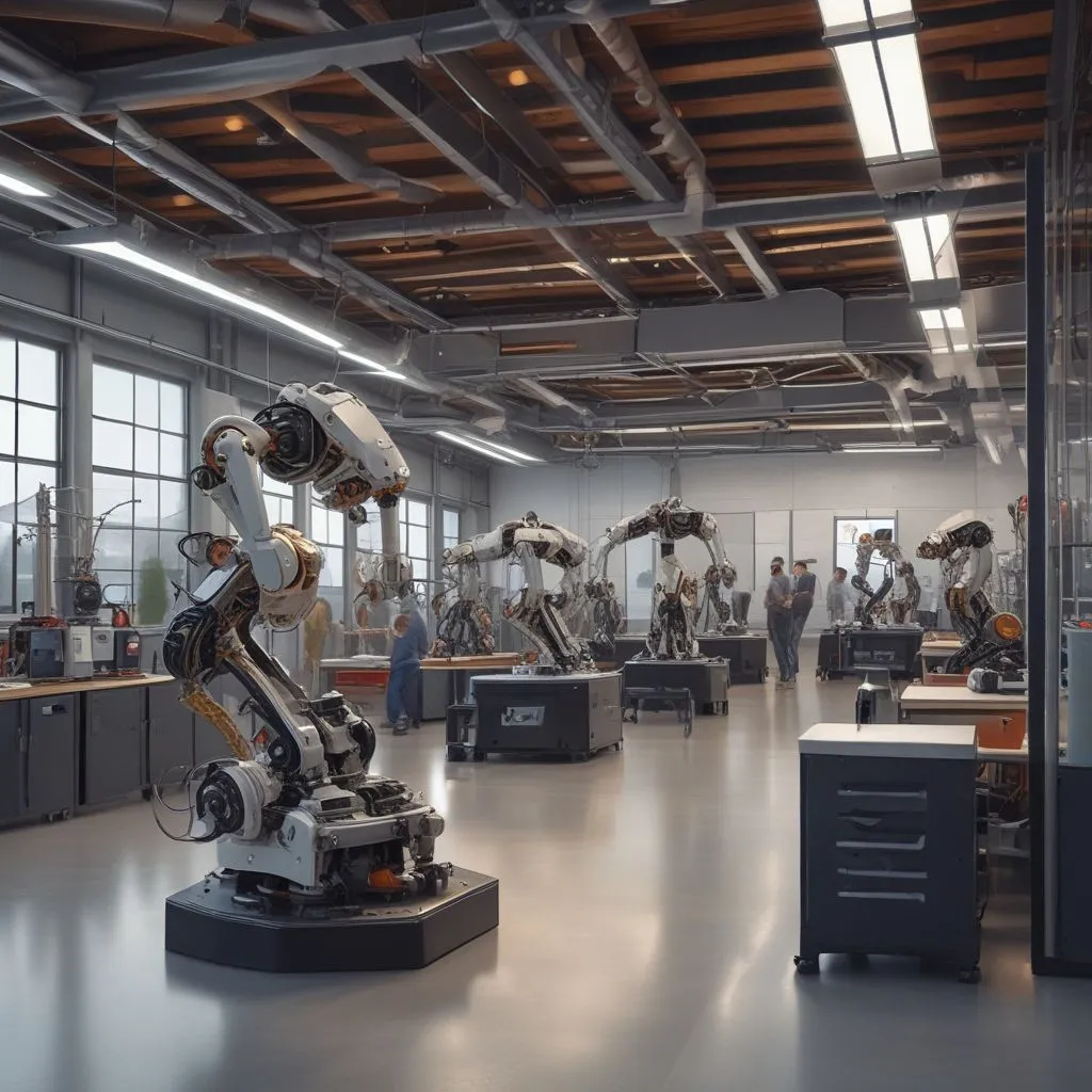 State-of-the-art robotics lab with industrial robots, 3D printers, sensors, and simulation software like ROS and Gazebo