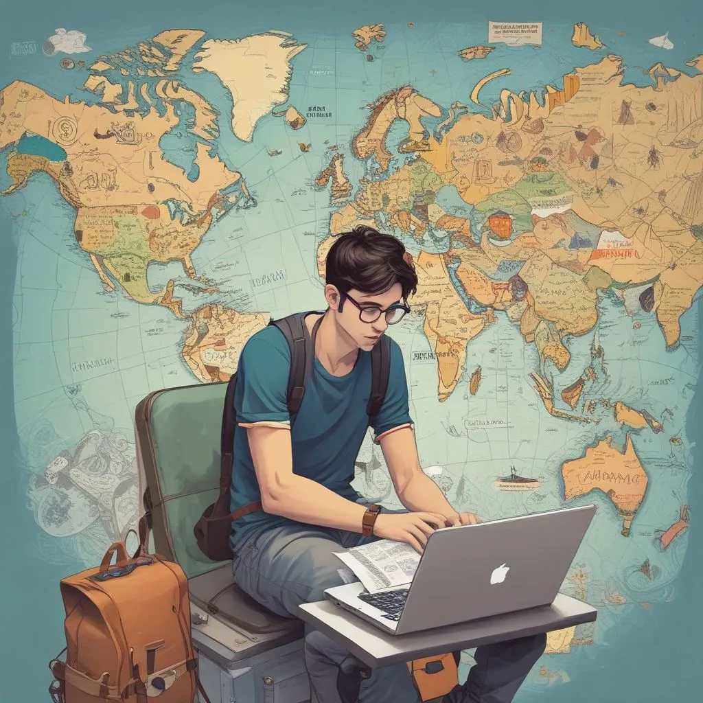 Student browsing social media groups on a laptop with a map and university logo visible, preparing for study abroad