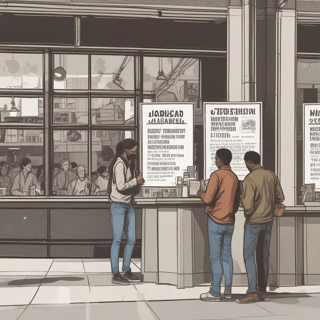 Student union building with a "Jobs Available" notice board, featuring Indian students chatting near a cafe counter