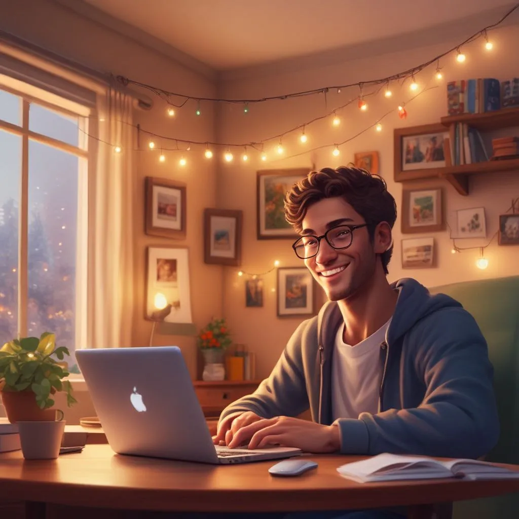Student video calling family on a laptop with a warm smile, cozy room with fairy lights