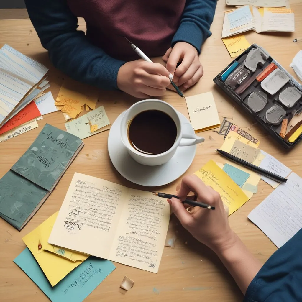Student writing in a journal with a coffee cup, surrounded by sticky notes with names and activities