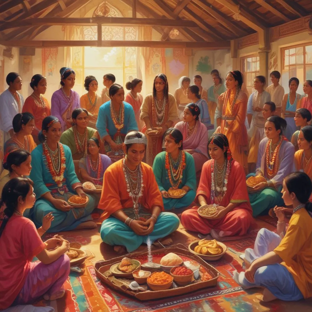 Students at a local Indian community center celebrating a festival with traditional clothes and food