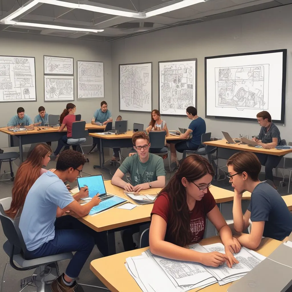 students collaborating on tech projects in a modern classroom