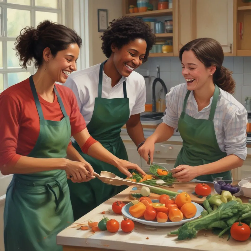 Students cooking together in a shared dormitory kitchen, laughing and chopping vegetables