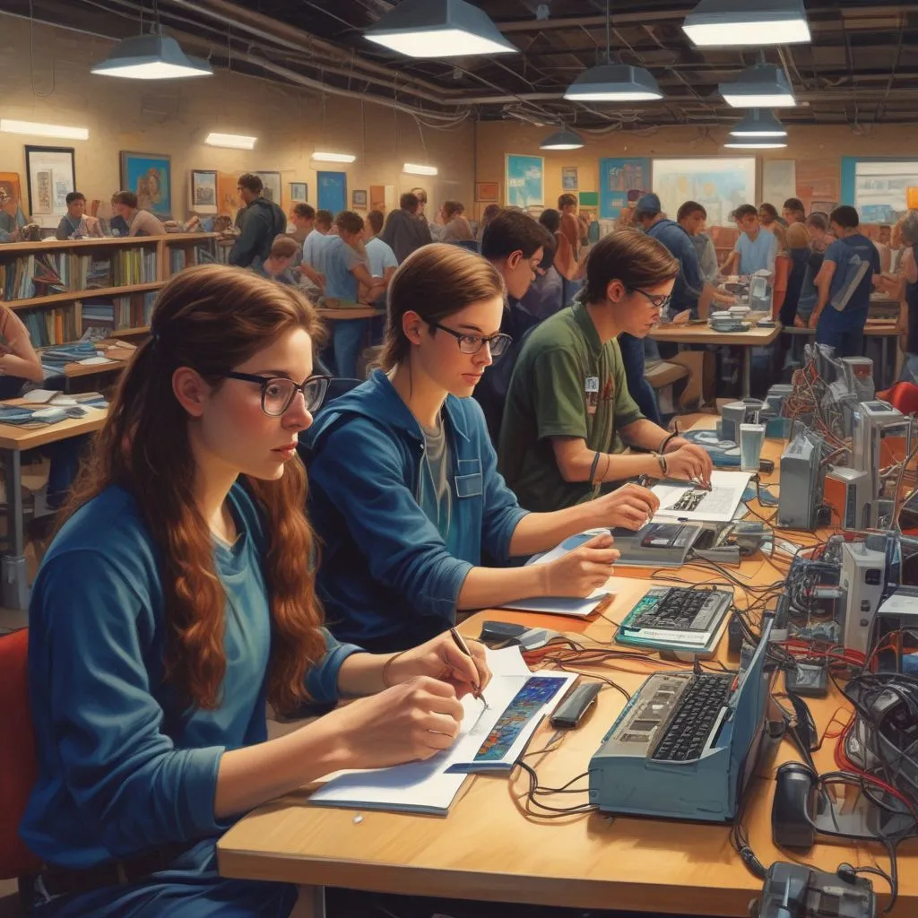 students engaged in tech projects at a college