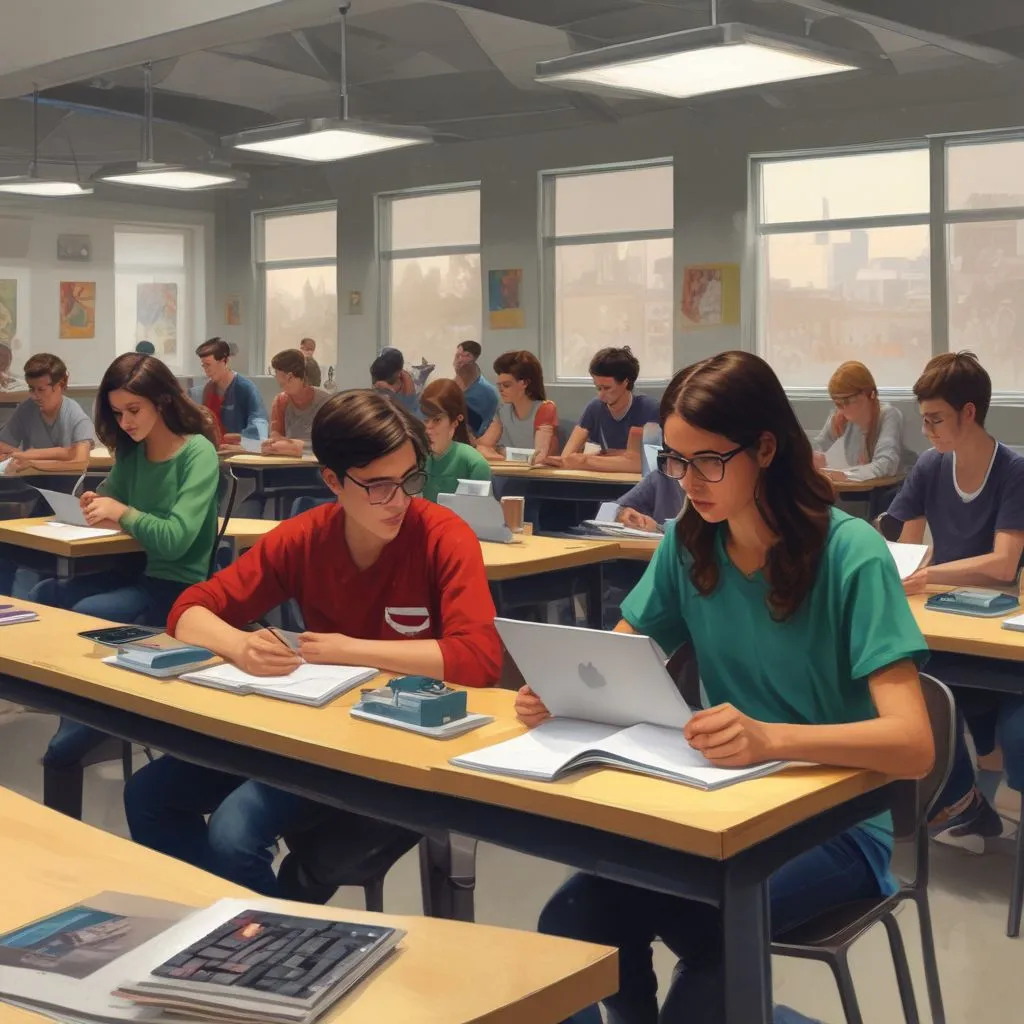students in a modern classroom setting, using technology