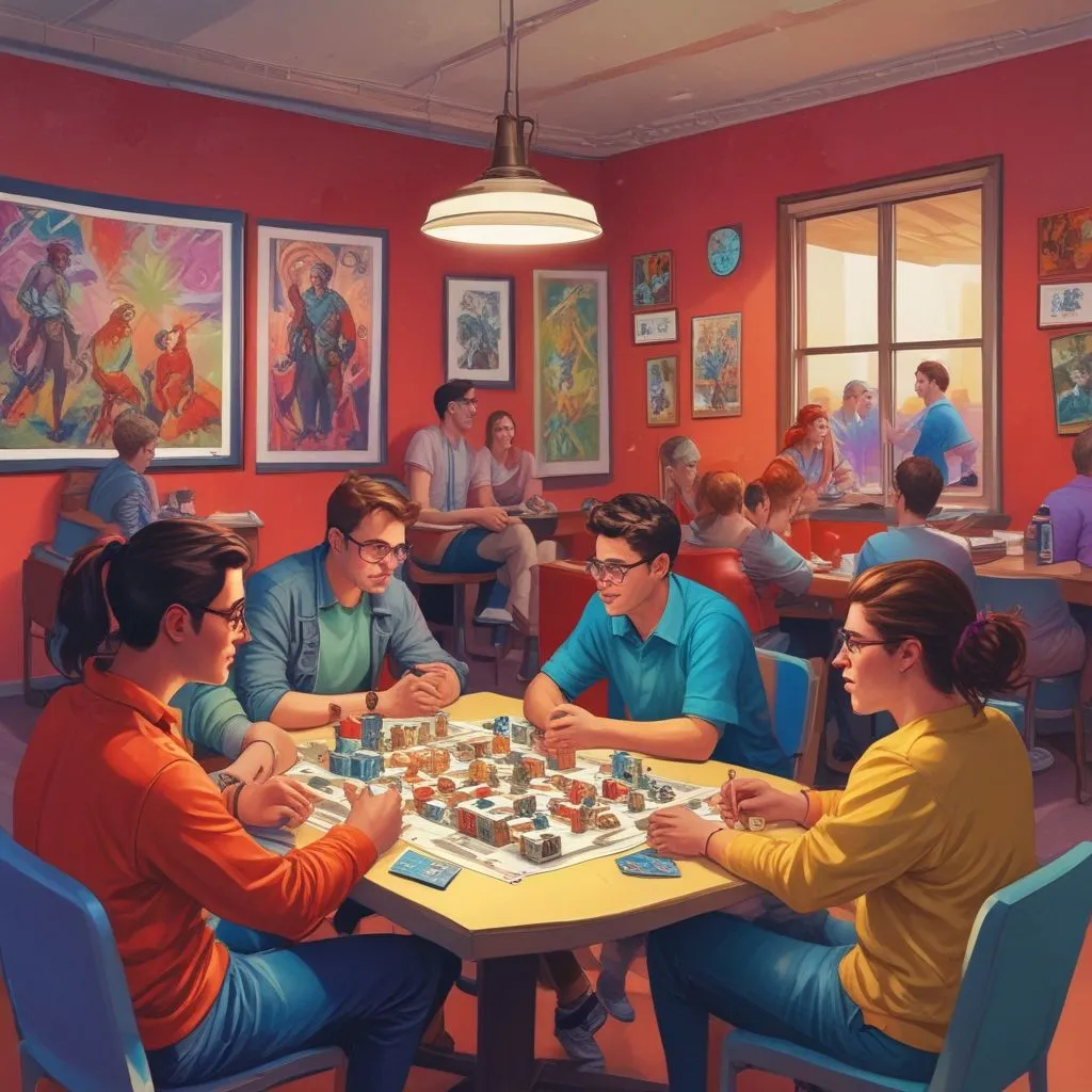 Students in a vibrant club meeting room with posters, playing board games or discussing projects