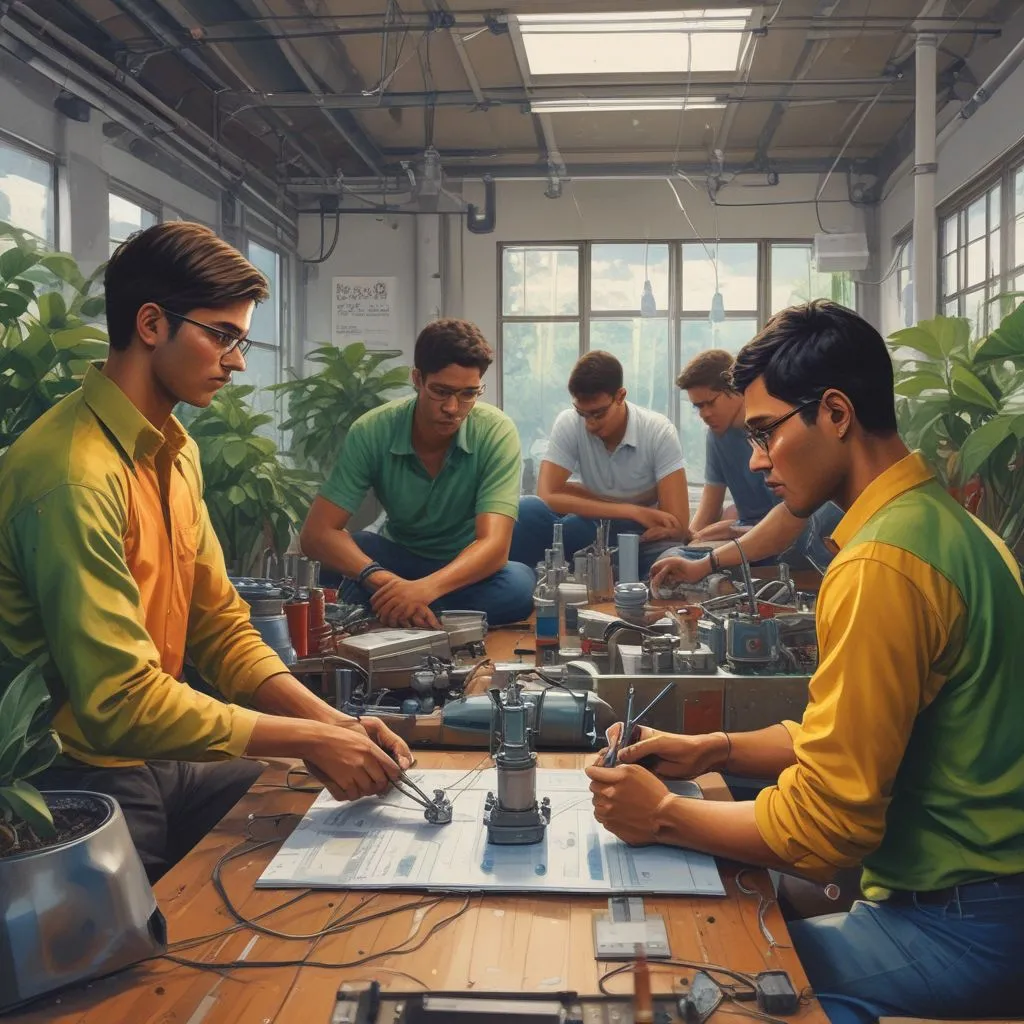 Students interning at an agritech company using precision tools, Indian startup office, 2025