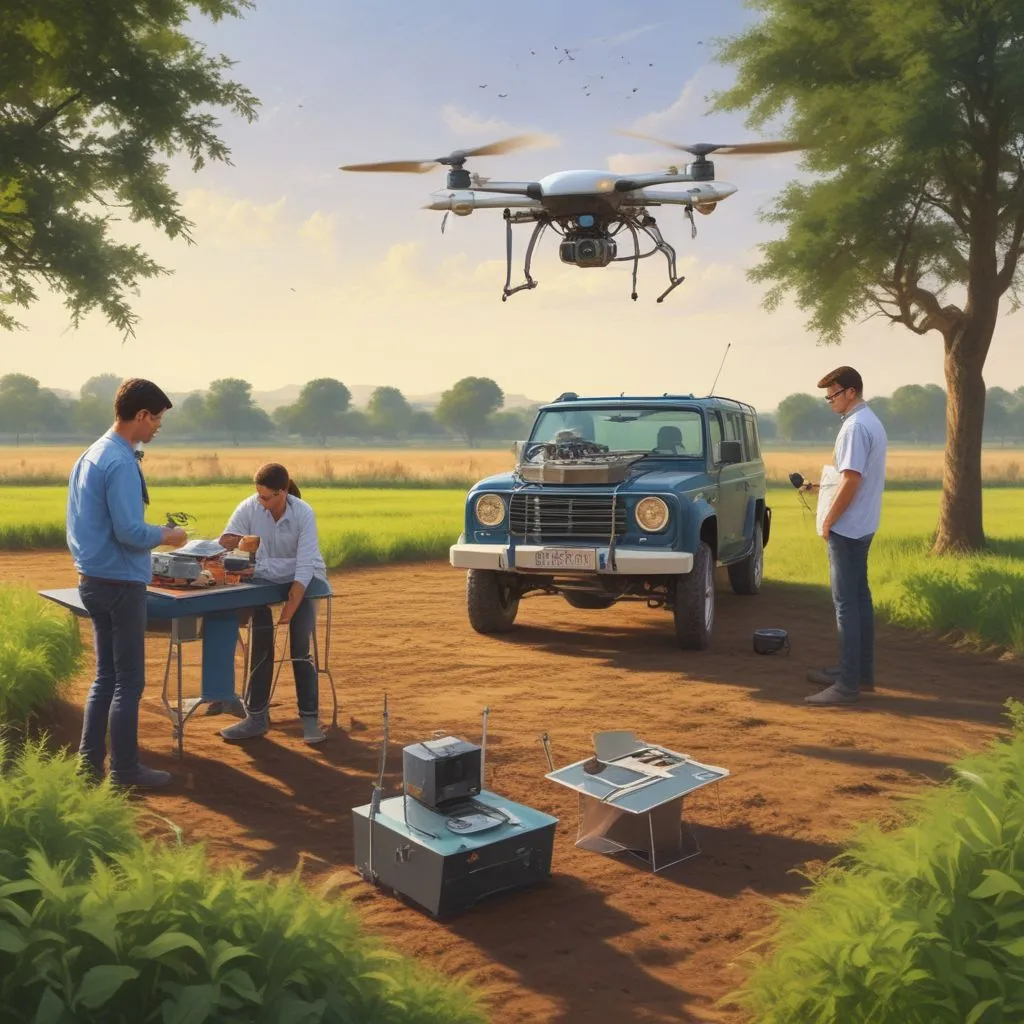 Students operating agricultural drones and soil sensors in a college field lab, India precision agriculture technology demonstration 2025