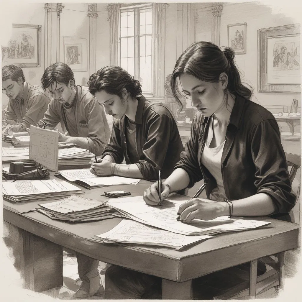 students preparing documents