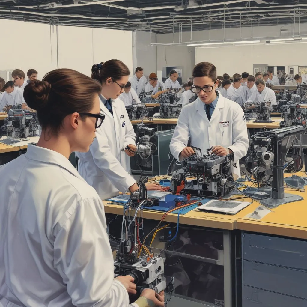 students working in a lab setting with robotics