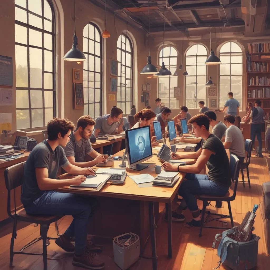 students working in a startup