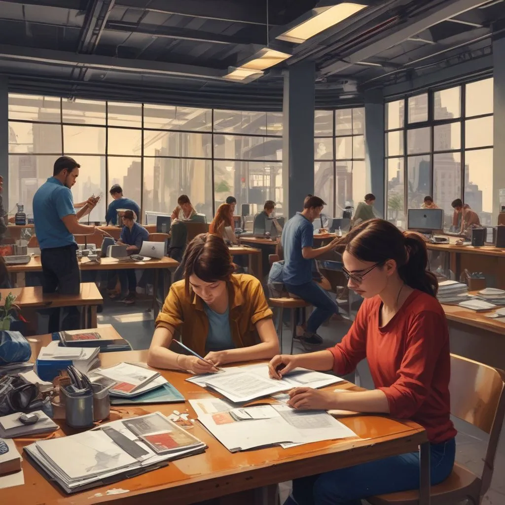 students working in an international office